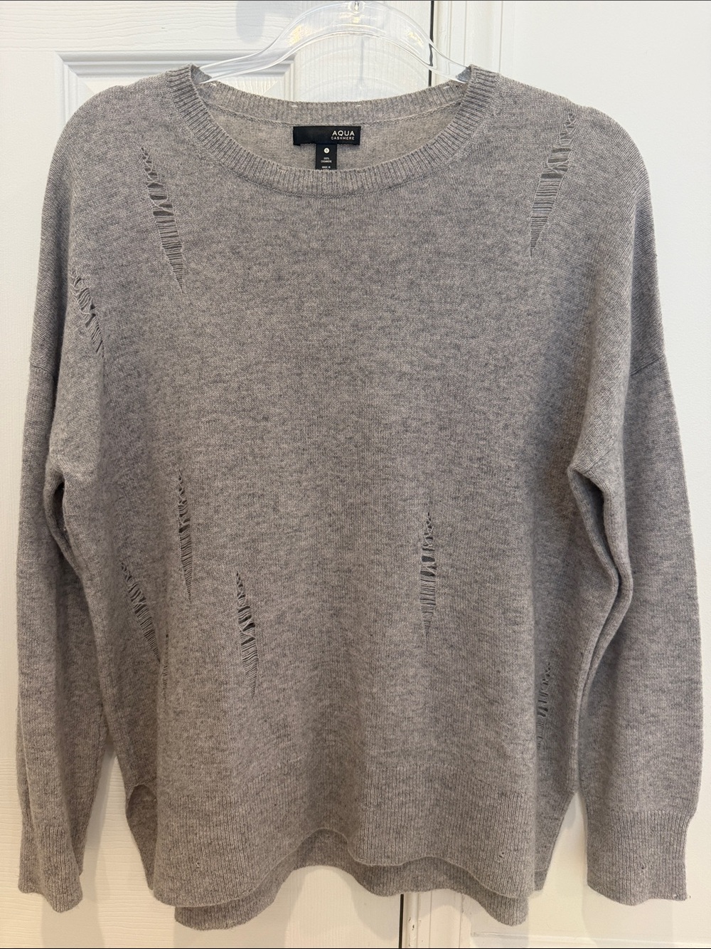Soft Aqua 100% Cashmere Light Gray Distressed Crewneck Sweater
